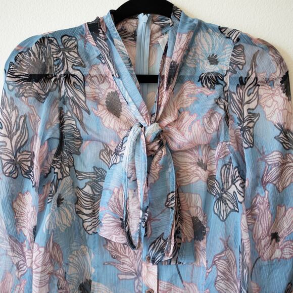 Byron Lars Pastel Blouse Blue Pink Floral Print Tie Neck Sheer Button Front SZ 2 - Picture 5 of 7